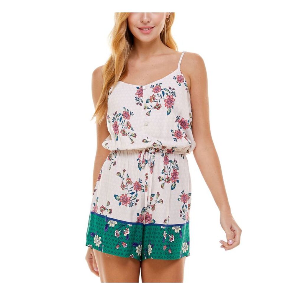 KINGSTON GREY Womens Romper Beige Tie Spaghetti Strap V Neck 3 Inseam Juniors XS